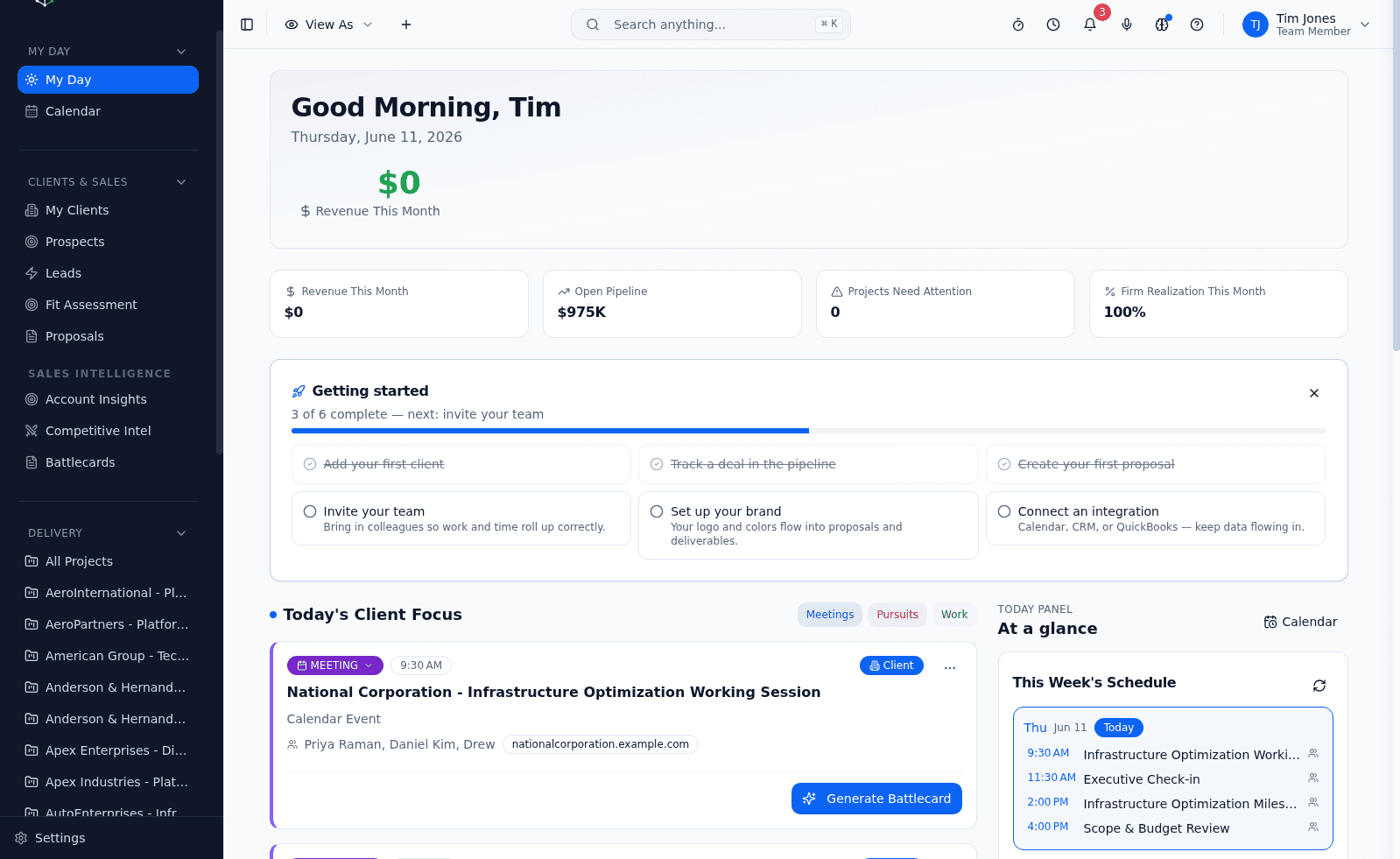 My Day dashboard showing today's priorities, meetings, and tasks for a consultant